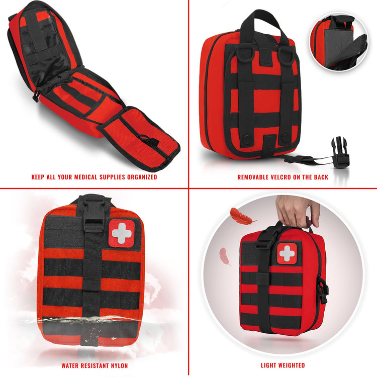 A four-panel feature graphic for a medical pouch, showing the organized interior pockets, the back Molle straps with removable Velcro, the water-resistant nylon exterior, and the top carrying handle.