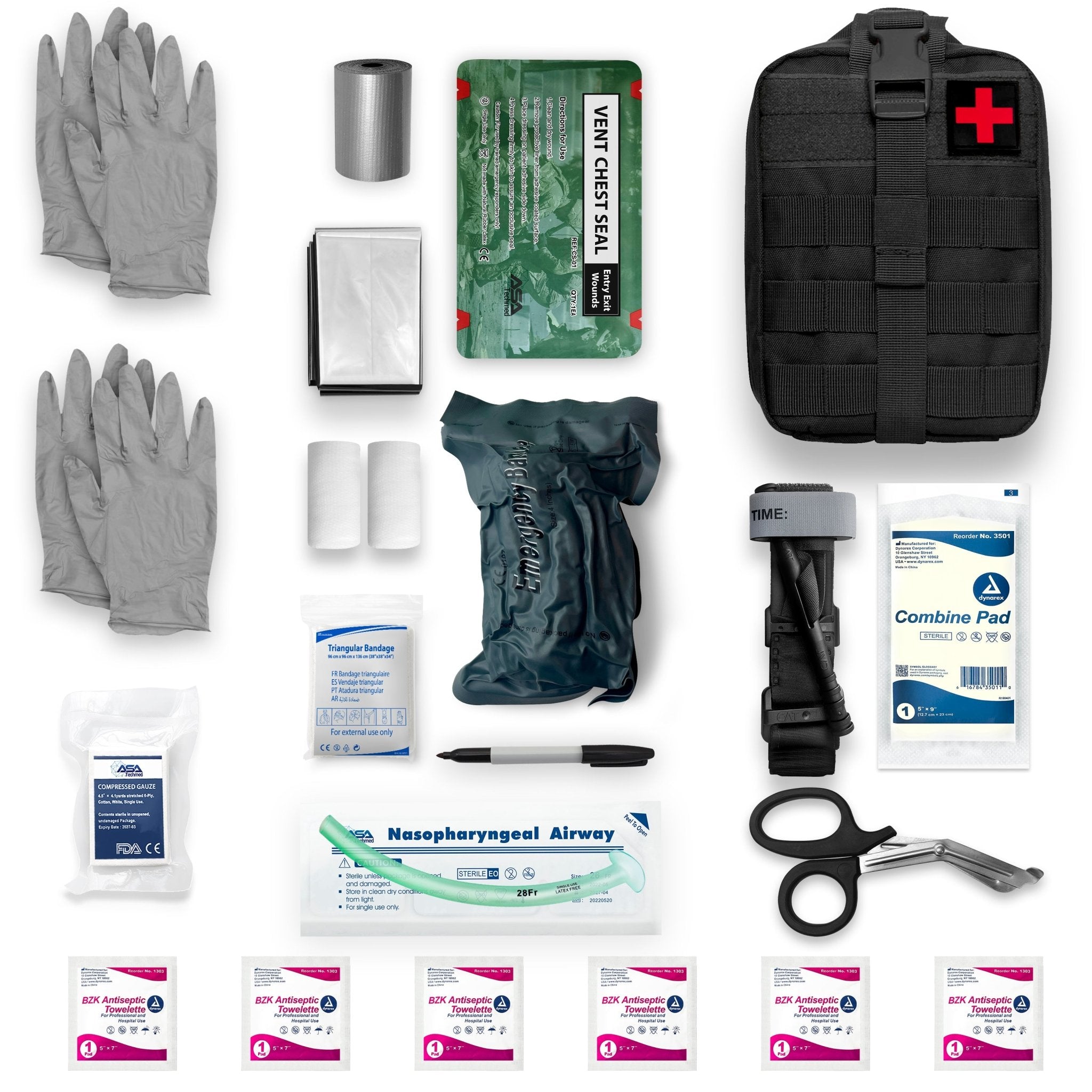 A flat lay display of a complete tactical trauma kit featuring a black Molle pouch surrounded by emergency supplies like gray gloves, a tourniquet, airways, and hemostatic dressings.