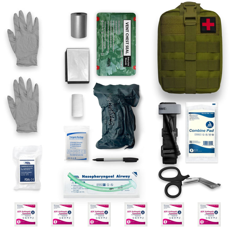 A flat lay display of a complete tactical trauma kit featuring an olive green Molle pouch surrounded by emergency supplies like gray gloves, a tourniquet, airways, and hemostatic dressings.