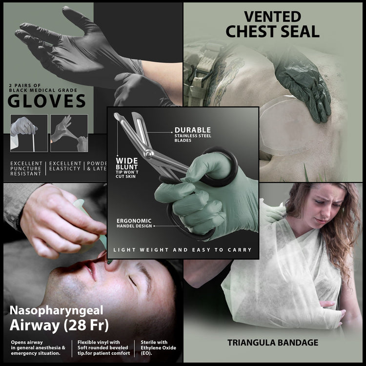 A collage showing tactical medical supplies in use, including black medical gloves, a vented chest seal applied to a torso, stainless steel trauma shears, a nasopharyngeal airway, and a triangular bandage sling.