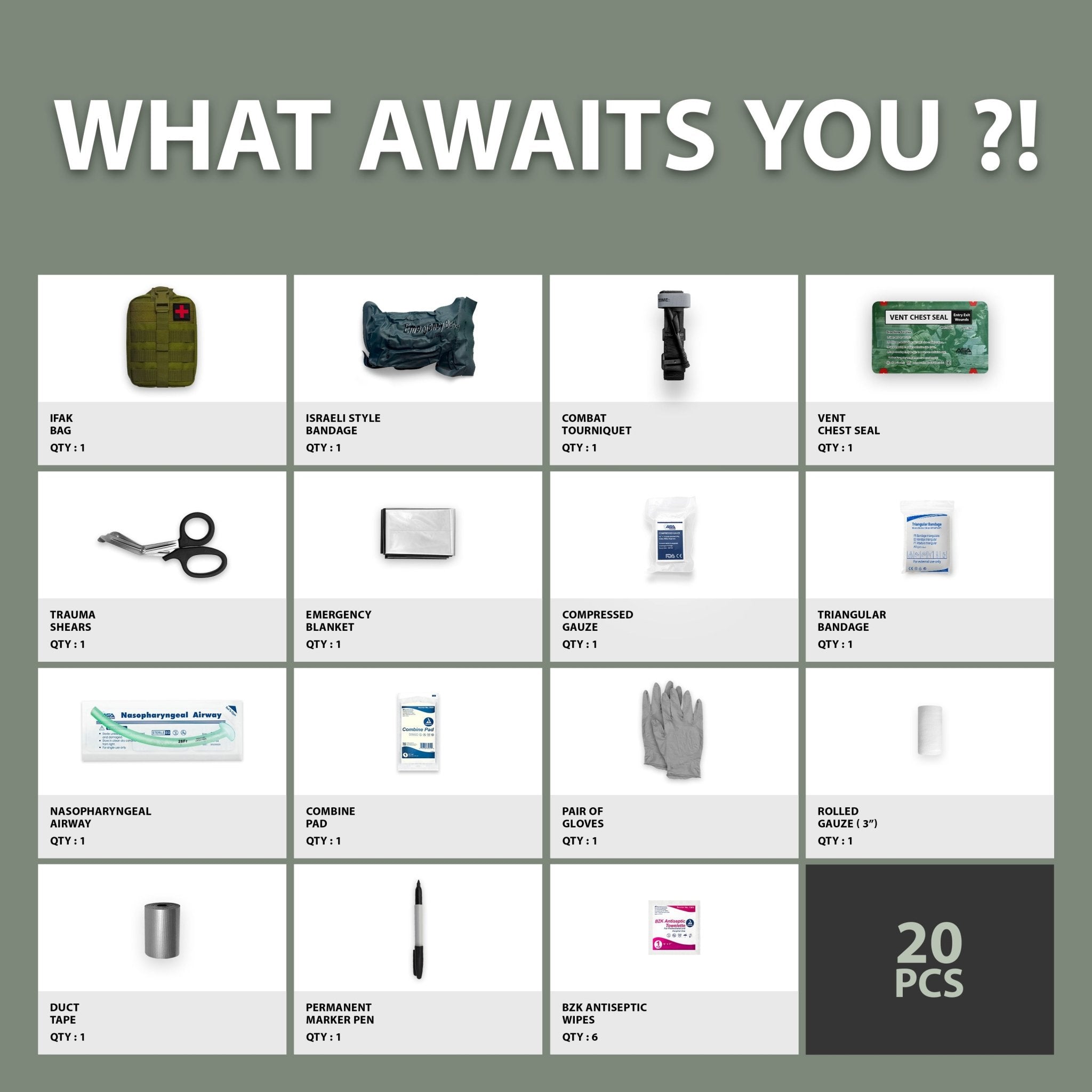 A product inventory chart titled "WHAT AWAITS YOU ?!" displaying a grid of 20 tactical medical items including an IFAK bag, chest seal, combat tourniquet, trauma shears, and various bandages with their quantities.