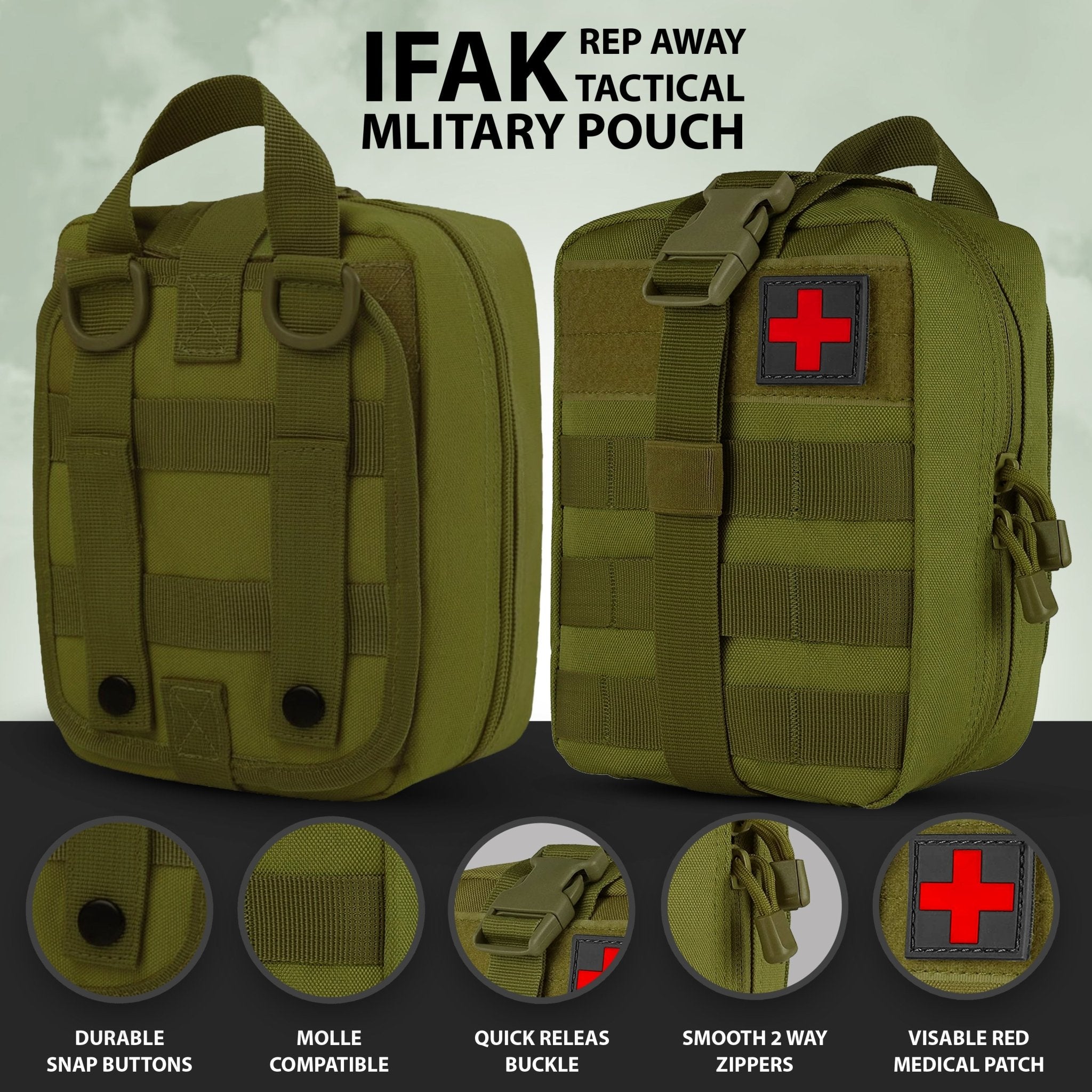 A detailed diagram of an olive drab green tactical pouch highlighting features such as durable snap buttons, Molle compatibility, a quick-release buckle, smooth 2-way zippers, and a visible red cross patch.