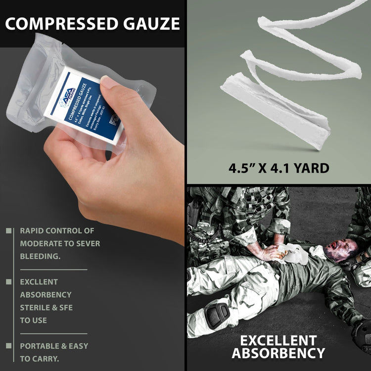 An infographic for compressed gauze showing the compact vacuum-sealed package, the expanded 4.5-inch by 4.1-yard z-fold strip, and a demonstration of its application for rapid bleeding control.