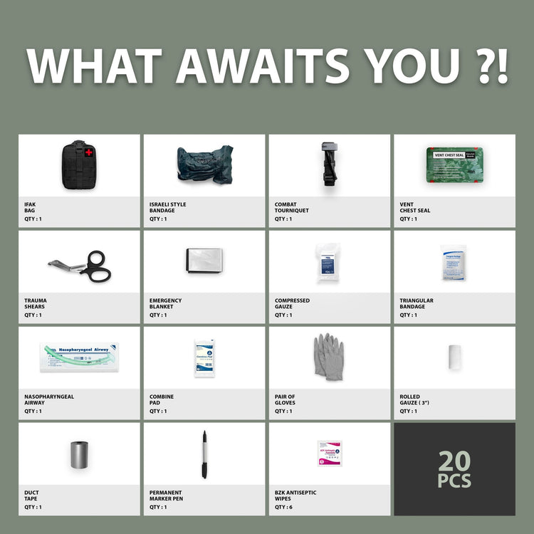 A product inventory chart titled "WHAT AWAITS YOU ?!" displaying a grid of 20 tactical medical items including an IFAK bag, chest seal, combat tourniquet, trauma shears, and various bandages with their quantities.