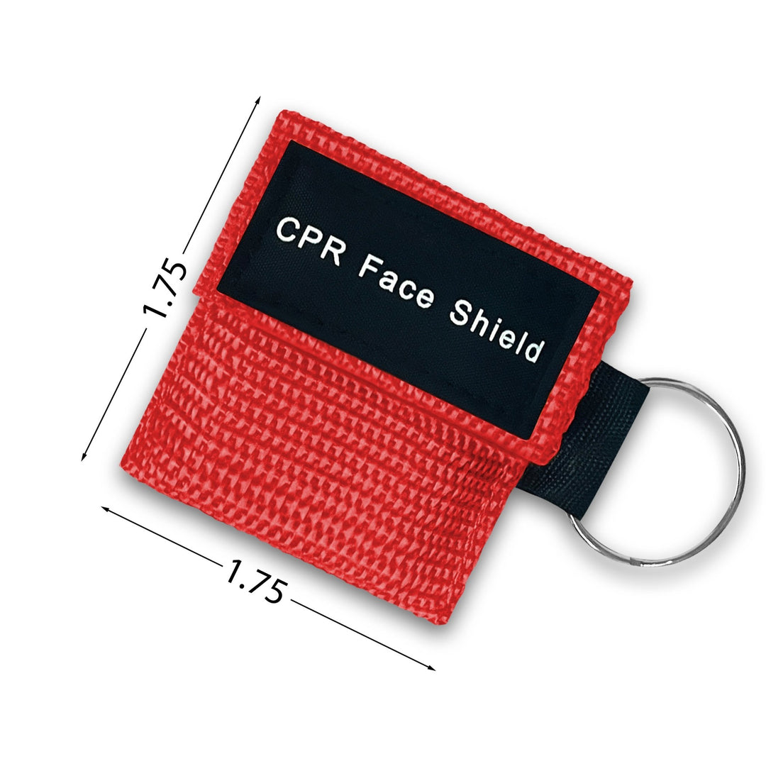 A dimension diagram of a red CPR face shield keychain pouch, indicating a compact square size with measurements of 1.75 inches in both width and height.