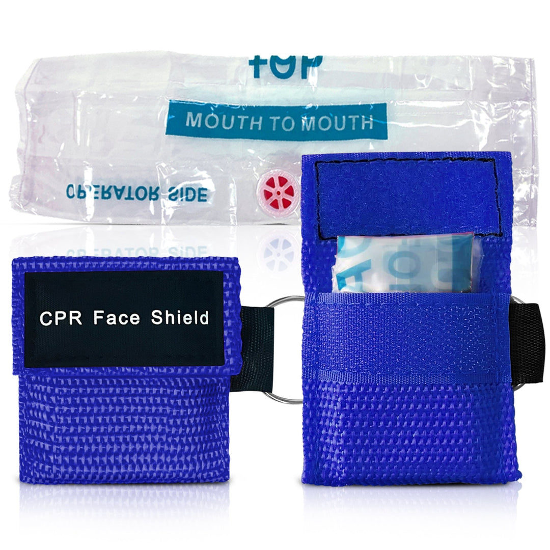 A product display showing a blue CPR keychain pouch on the left, next to an unfolded clear plastic CPR face shield on the right, highlighting the "MOUTH TO MOUTH" instruction strip and one-way valve.