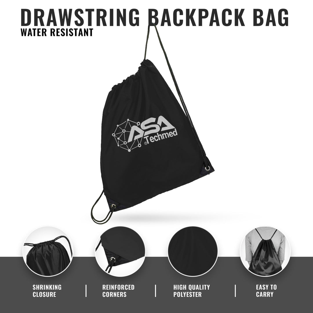 An infographic detailing features of a black drawstring backpack, with callouts pointing to the shrinking closure, reinforced corners, high-quality polyester material, and easy-to-carry design.