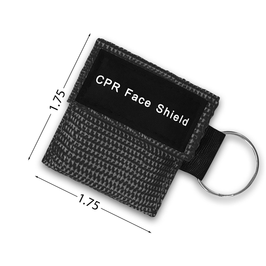 A dimension diagram of a black CPR face shield keychain pouch, indicating a compact square size with measurements of 1.75 inches in both width and height.
