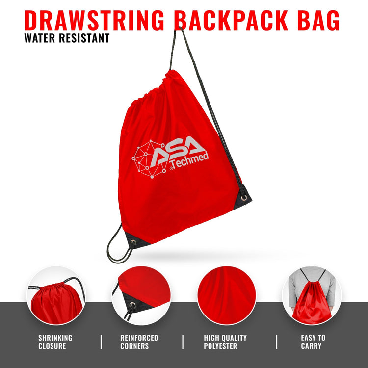 An infographic detailing features of a red drawstring backpack, with callouts pointing to the shrinking closure, reinforced corners, high-quality polyester material, and easy-to-carry design.