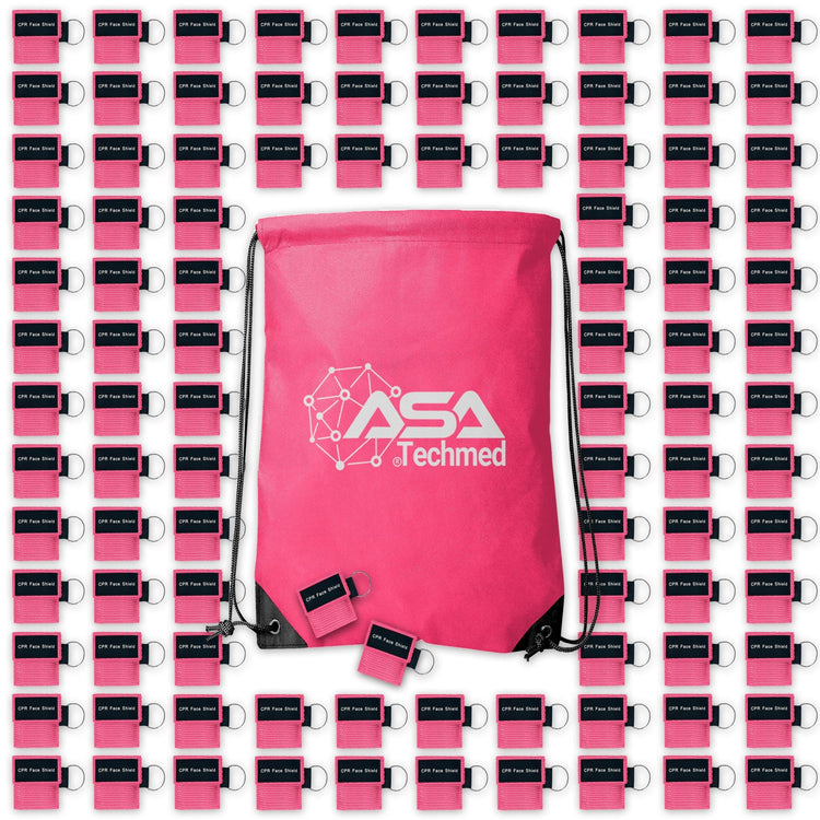 A bulk set arrangement featuring hundred pink CPR face shield keychains organized in a grid, surrounding a central large purple drawstring bag printed with the white ASA Techmed logo.