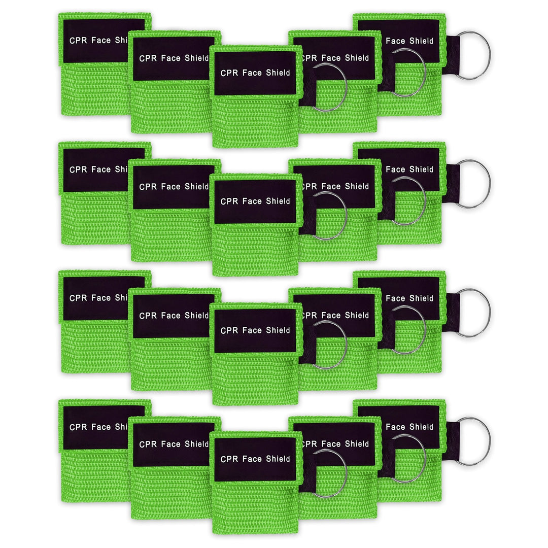 A bulk package display of twenty green CPR face shield keychains arranged neatly in four rows of five, suitable for training or large groups.