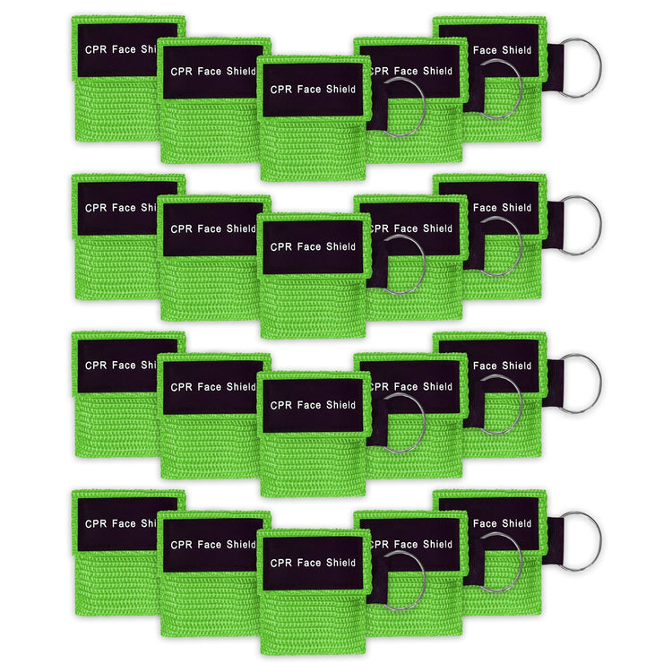 A bulk package display of twenty green CPR face shield keychains arranged neatly in four rows of five, suitable for training or large groups.