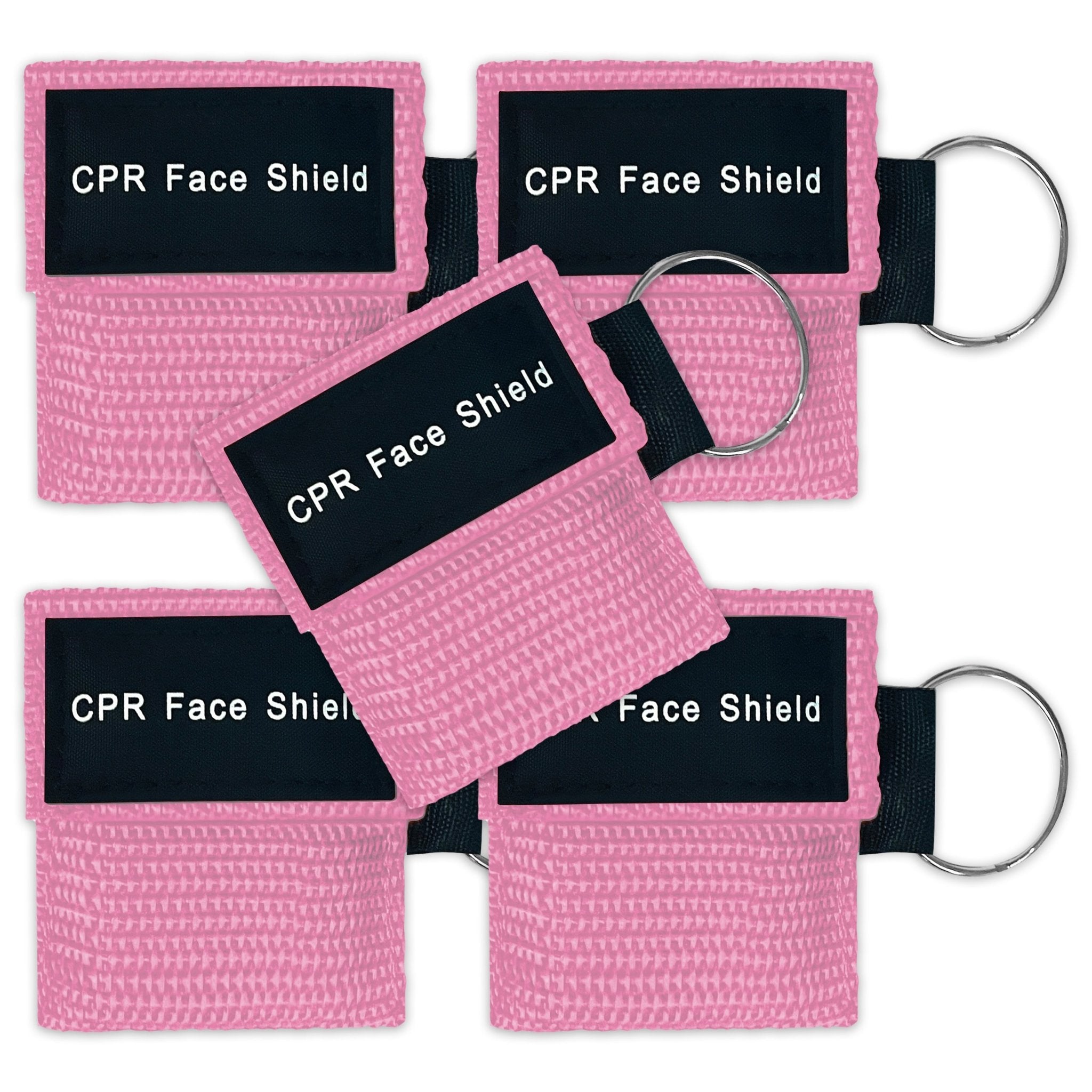 A bulk package display of 5 pink CPR face shield keychains arranged neatly, suitable for training or large groups.
