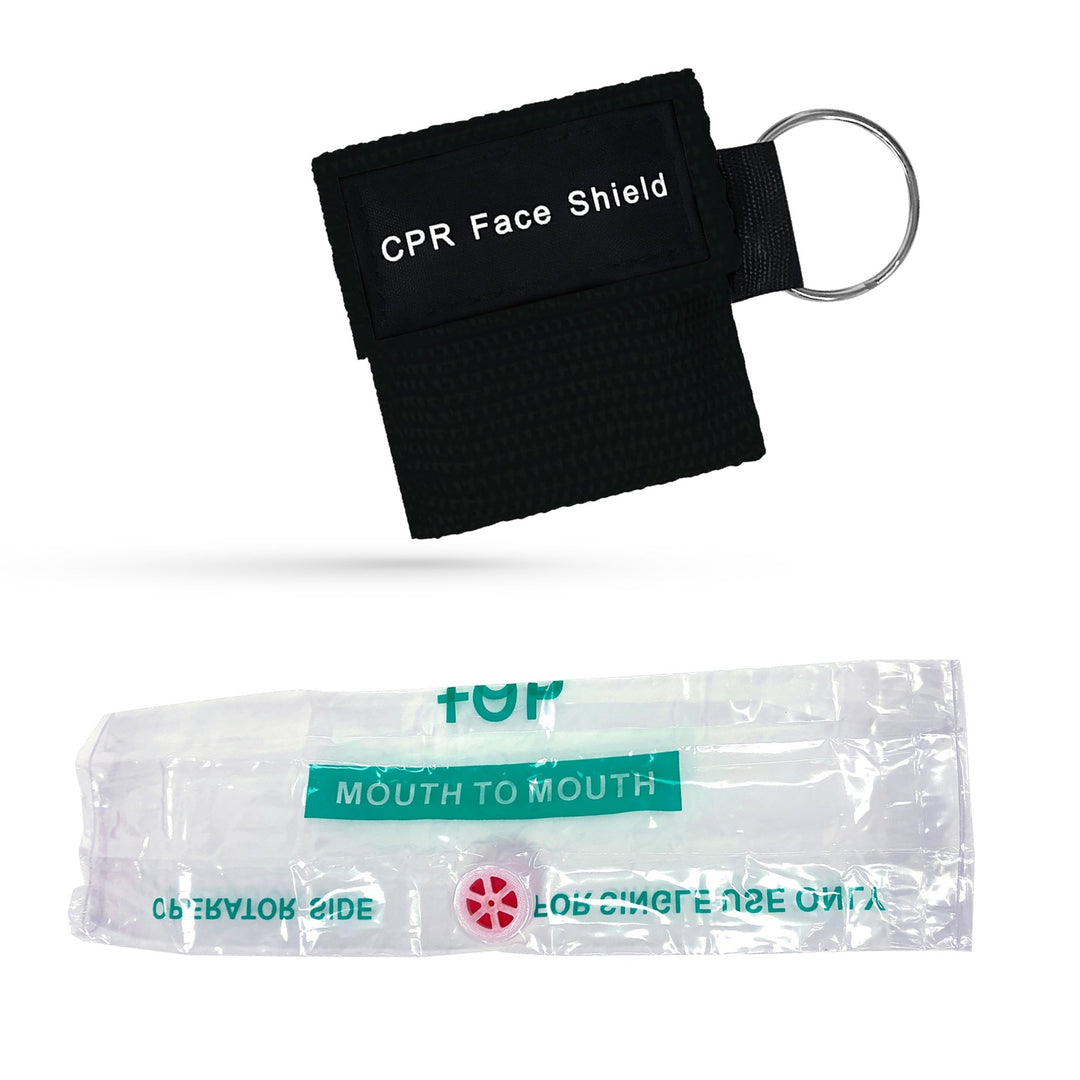A product image showing a black keychain pouch alongside its contents: a clear plastic mouth-to-mouth CPR face shield with a one-way valve filter.