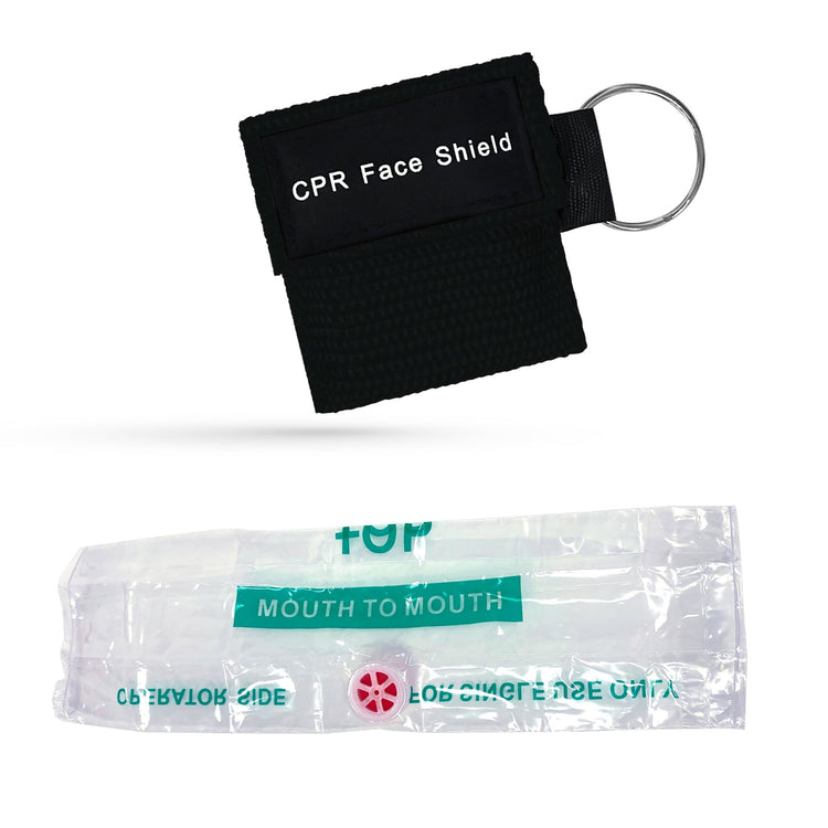 A product image showing a black keychain pouch alongside its contents: a clear plastic mouth-to-mouth CPR face shield with a one-way valve filter.