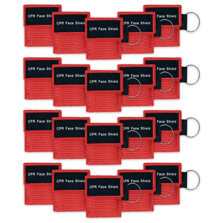 A bulk package display of twenty red CPR face shield keychains arranged neatly in four rows of five, suitable for training or large groups.