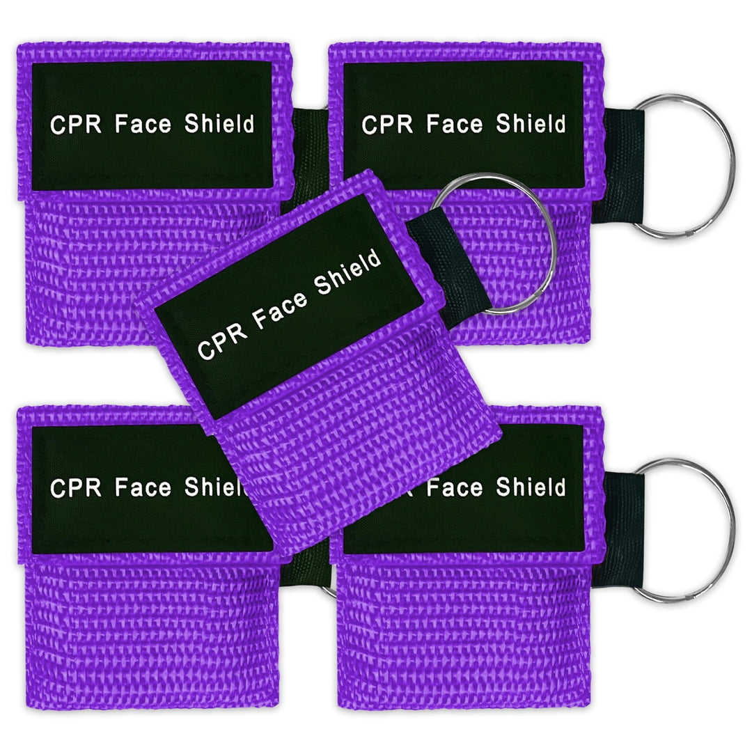 A bulk package display of 5 purple CPR face shield keychains arranged neatly, suitable for training or large groups.