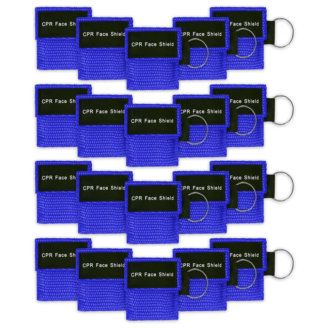 A bulk package display of twenty blue CPR face shield keychains arranged neatly in four rows of five, suitable for training or large groups.