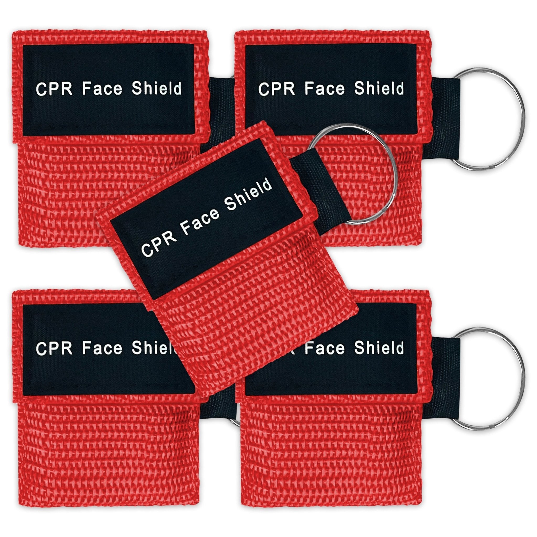 A bulk package display of 5 red CPR face shield keychains arranged neatly, suitable for training or large groups.