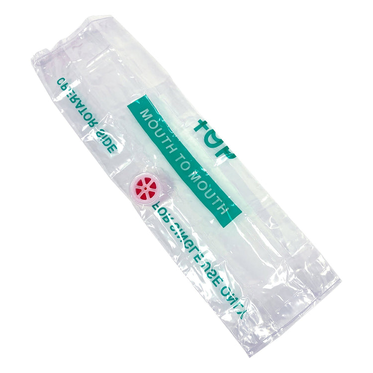 A detailed view of an unfolded clear plastic CPR face shield, showing the green "MOUTH TO MOUTH" instruction strip and the central red air filter valve.