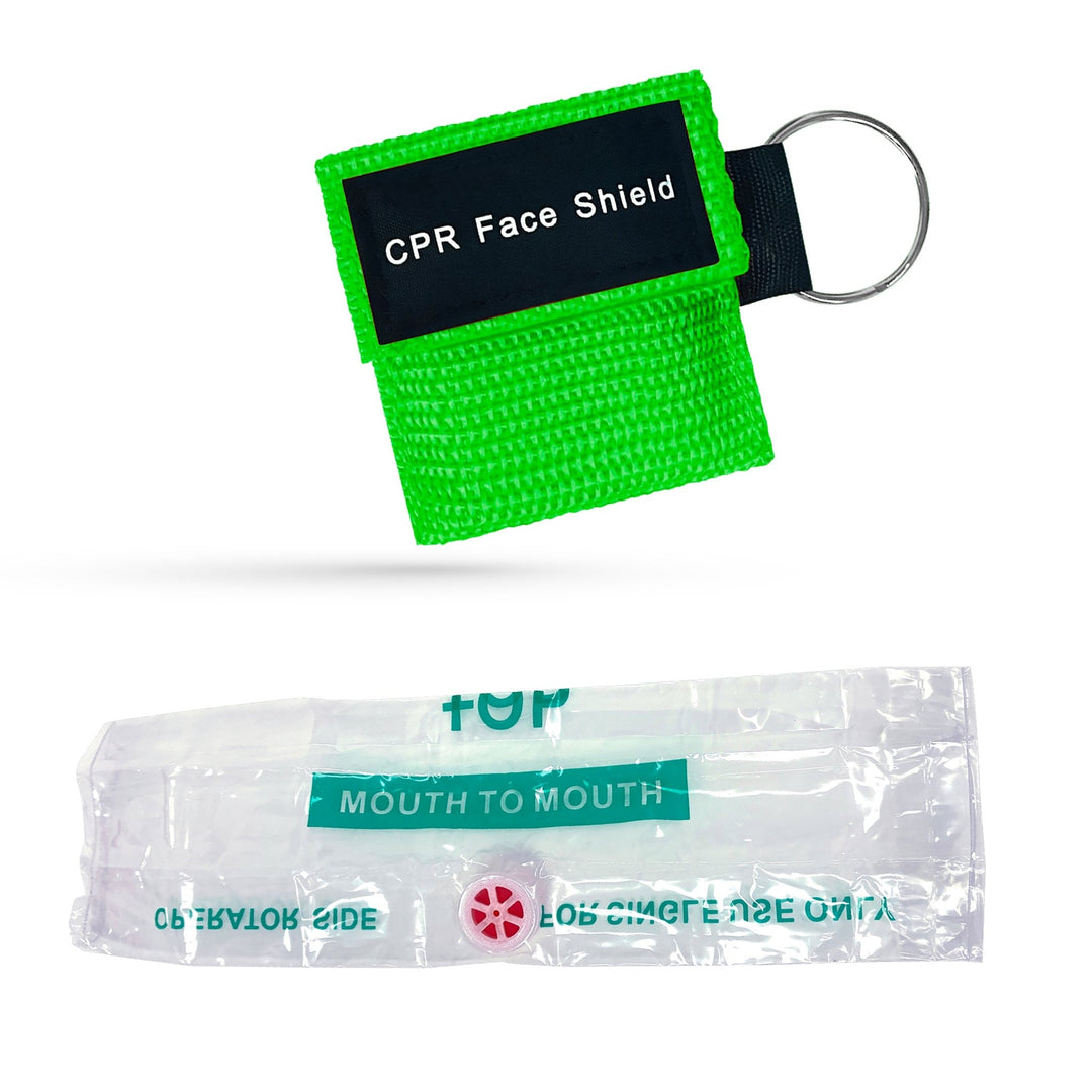 A product image showing a green keychain pouch alongside its contents: a clear plastic mouth-to-mouth CPR face shield with a one-way valve filter.