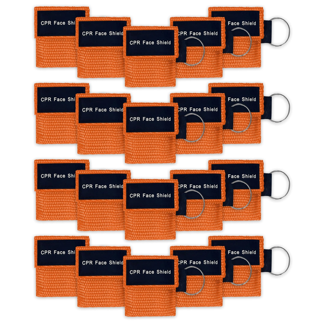 A bulk package display of twenty orange CPR face shield keychains arranged neatly in four rows of five, suitable for training or large groups.