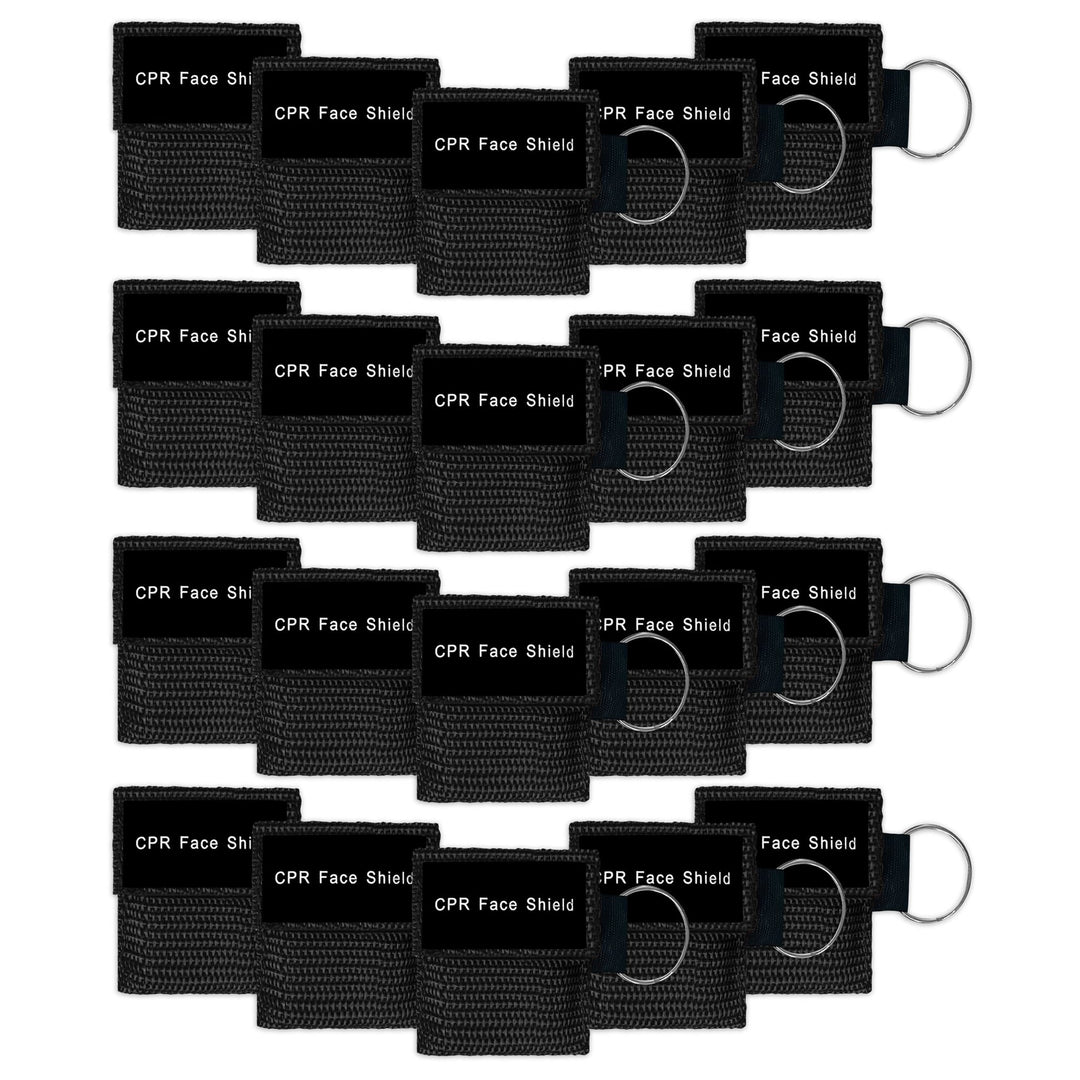 A bulk package display of twenty black CPR face shield keychains arranged neatly in four rows of five, suitable for training or large groups.