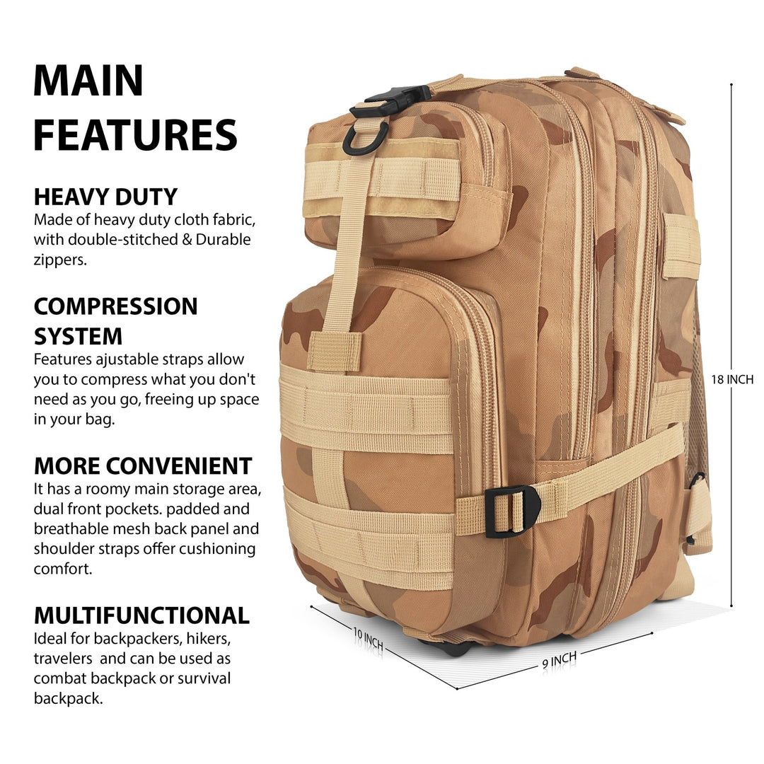Main features of the tactical bag: 18-inch height, compression system with adjustable straps, heavy-duty cloth fabric, and breathable mesh back panel.