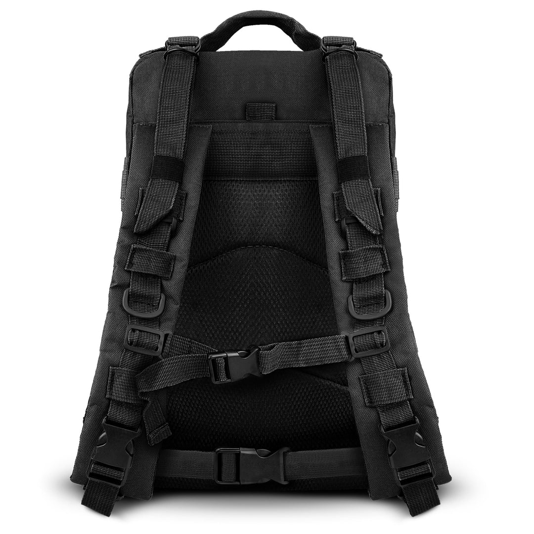 Detailed view of the backpack's rear, featuring padded shoulder straps, a chest buckle, and a waist belt for maximum carrying comfort.