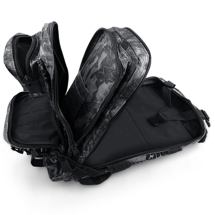Interior view of the tactical backpack showing organized storage pockets and wide-opening zippers for easy access to medical or survival gear.