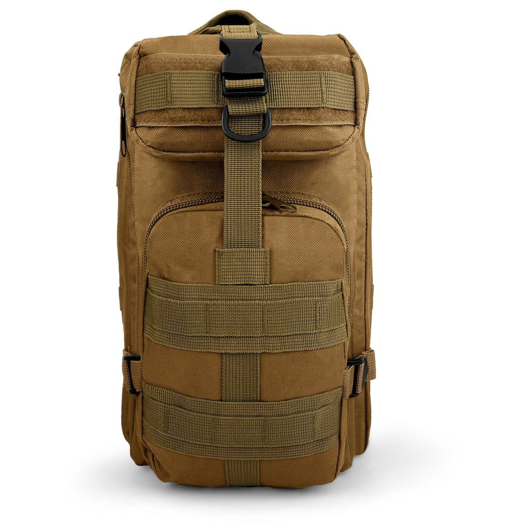 Front view of a heavy-duty brown tactical backpack featuring MOLLE webbing and a secure top buckle for gear attachment.