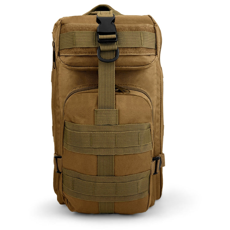 Front view of a heavy-duty brown tactical backpack featuring MOLLE webbing and a secure top buckle for gear attachment.