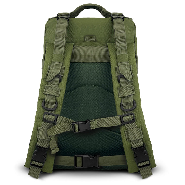 Detailed view of the backpack's rear, featuring padded shoulder straps, a chest buckle, and a waist belt for maximum carrying comfort.