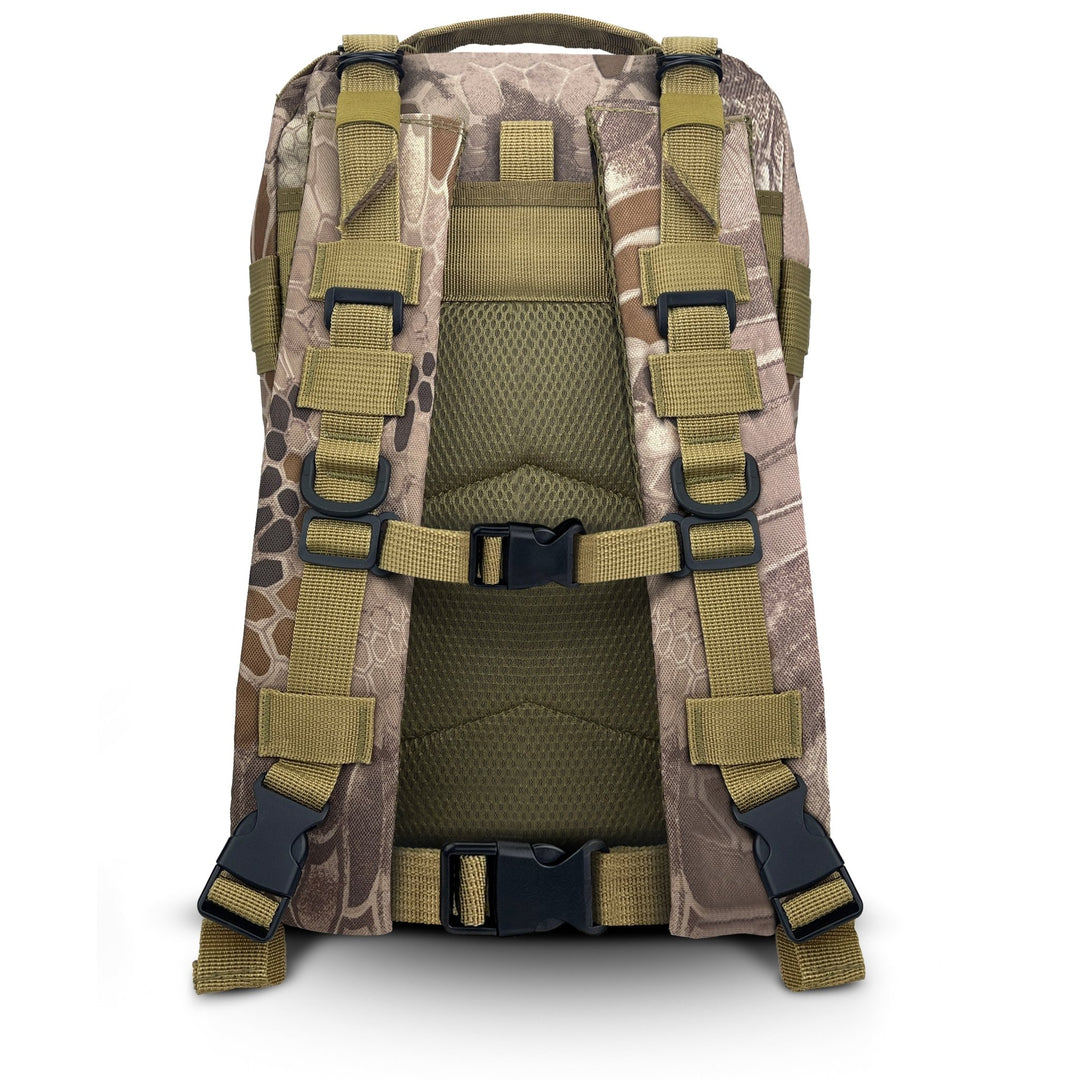 Detailed view of the backpack's rear, featuring padded shoulder straps, a chest buckle, and a waist belt for maximum carrying comfort.