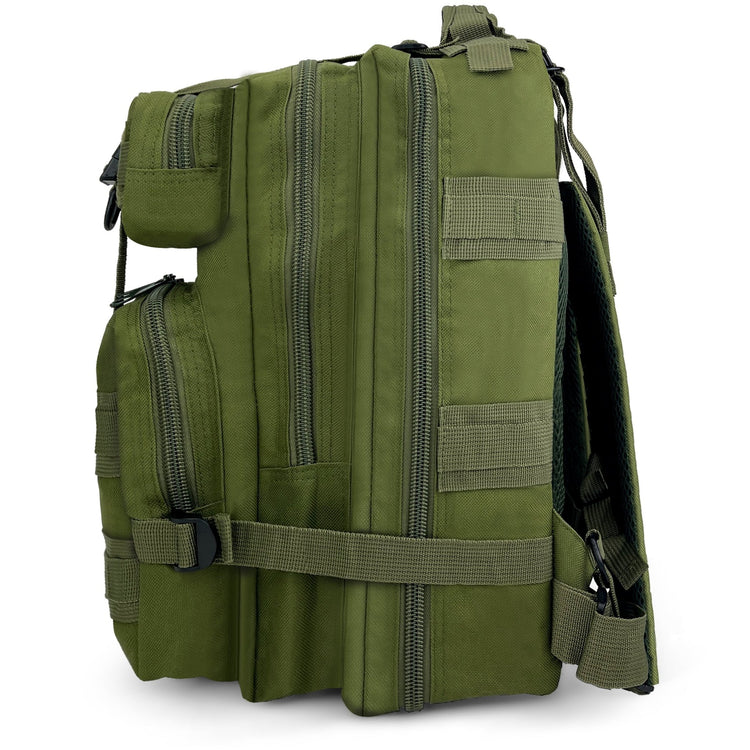 Side profile of the combat backpack highlighting its multiple zippered compartments and the compression strap system for space management.