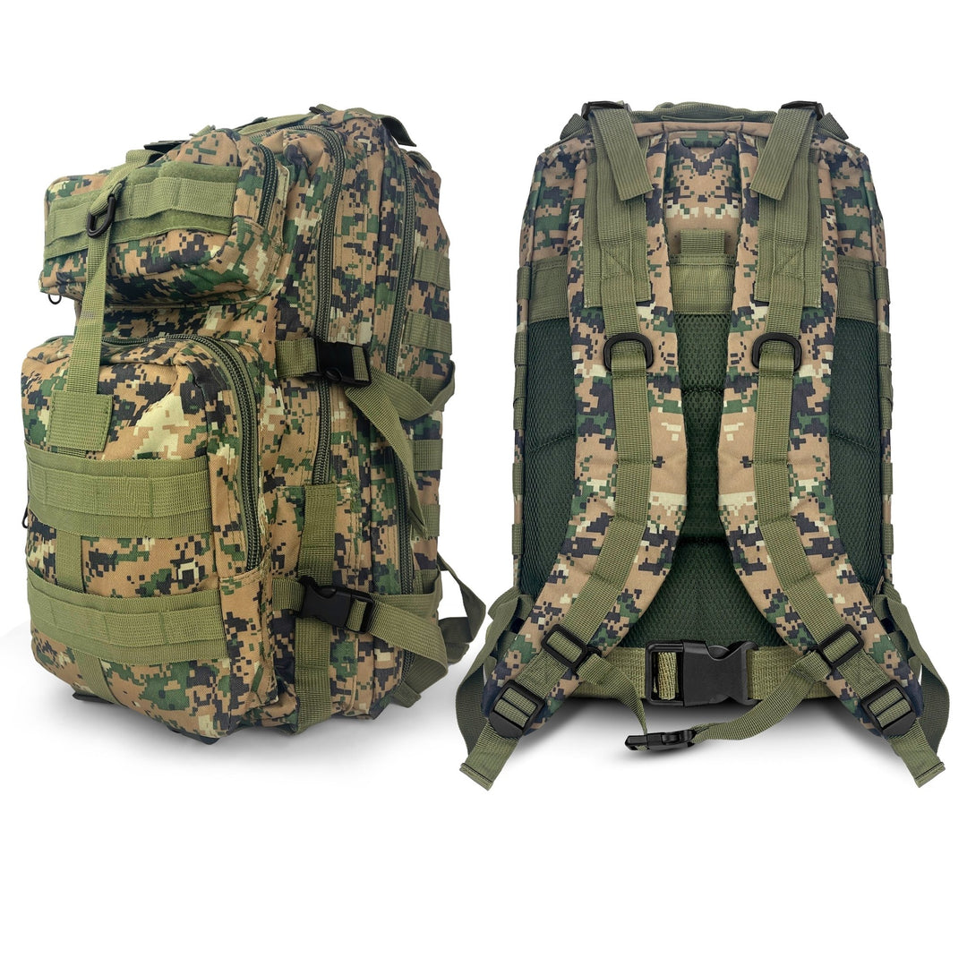 Composite view showing the front profile and the ergonomic back panel of the green multicam survival backpack.