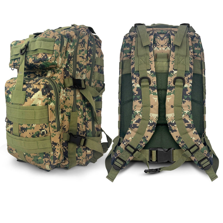 Composite view showing the front profile and the ergonomic back panel of the green multicam survival backpack.