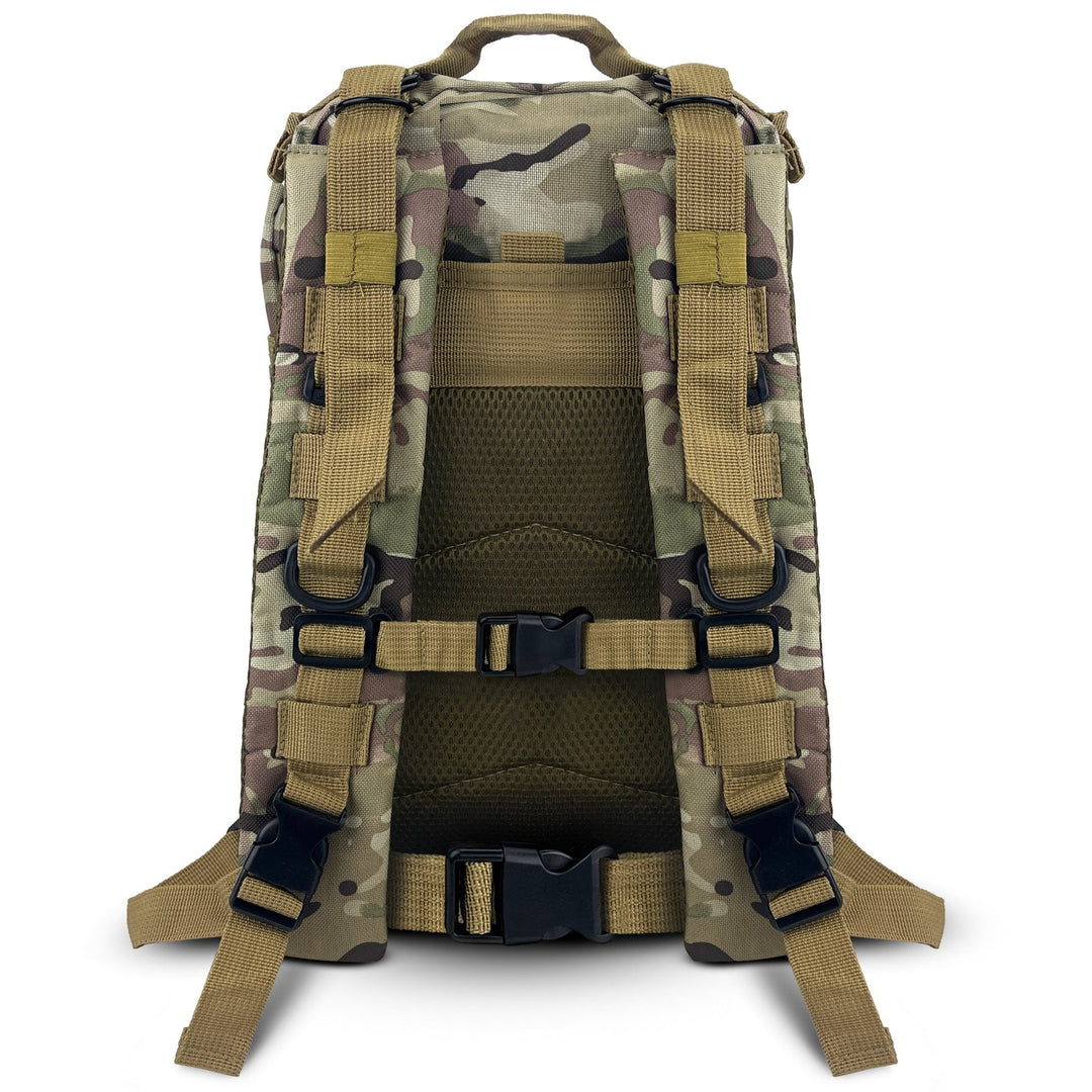 Detailed view of the backpack's rear, featuring padded shoulder straps, a chest buckle, and a waist belt for maximum carrying comfort.