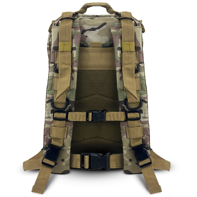 Detailed view of the backpack's rear, featuring padded shoulder straps, a chest buckle, and a waist belt for maximum carrying comfort.
