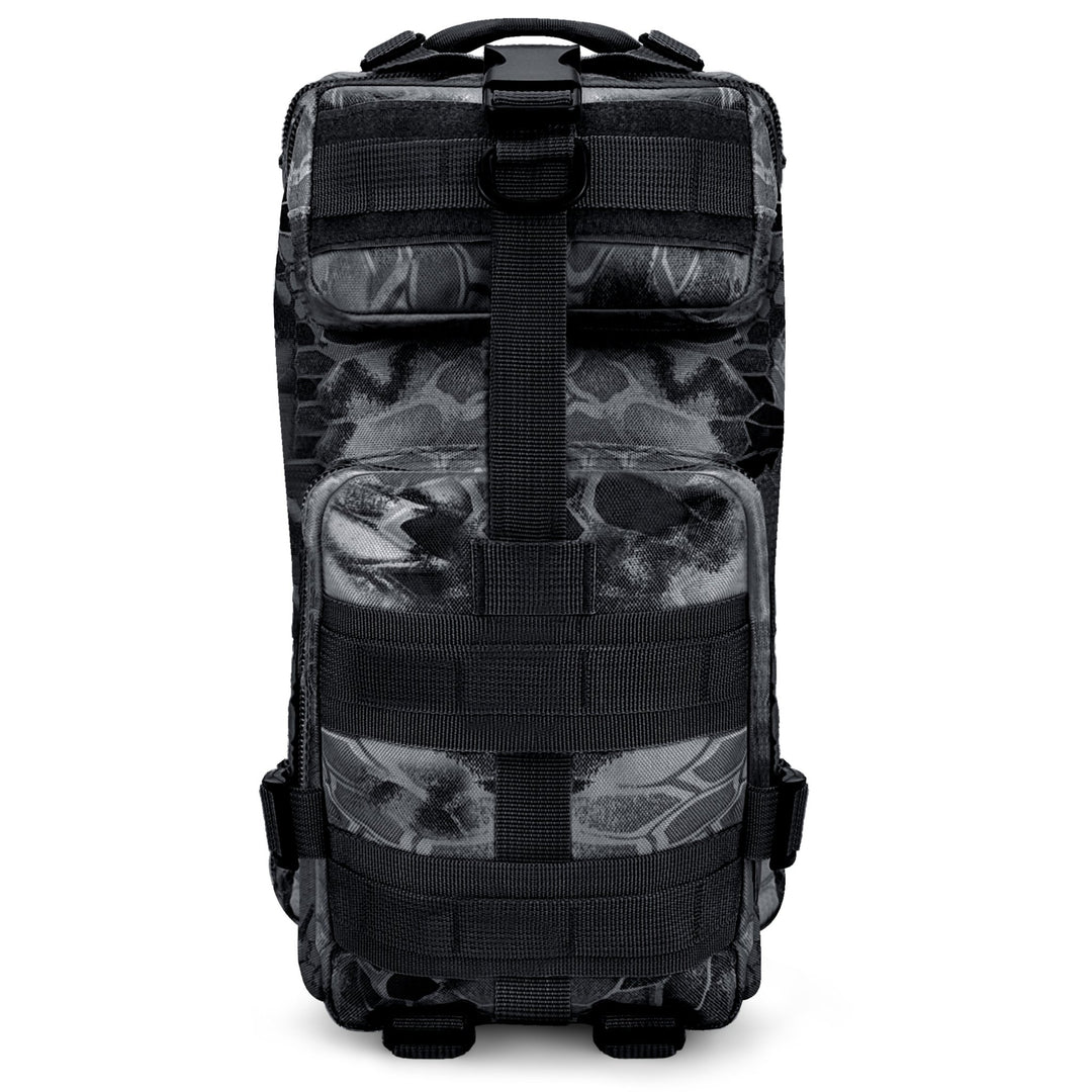 Front view of a heavy-duty gray snake tactical backpack featuring MOLLE webbing and a secure top buckle for gear attachment.