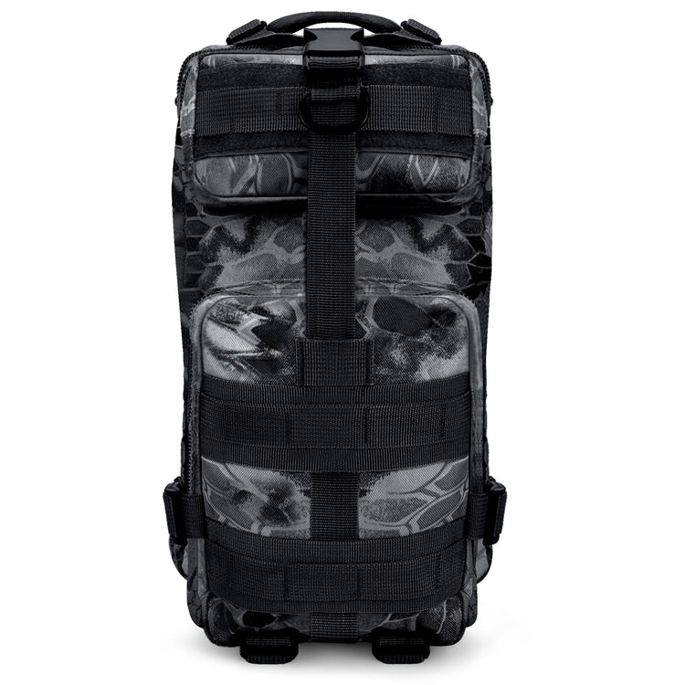 Front view of a heavy-duty gray snake tactical backpack featuring MOLLE webbing and a secure top buckle for gear attachment.