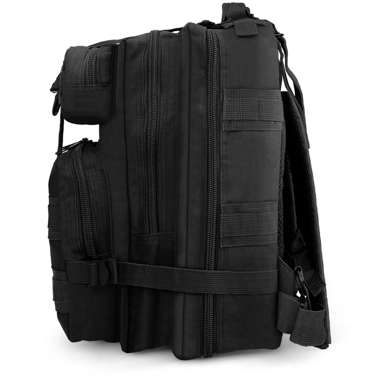 Side profile of the combat backpack highlighting its multiple zippered compartments and the compression strap system for space management.