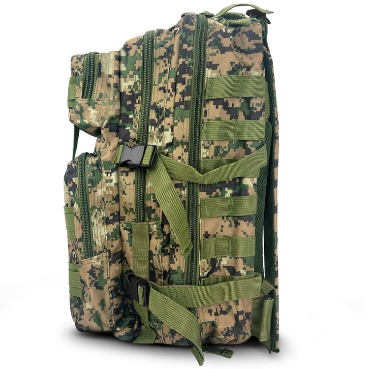 Side profile of the combat backpack highlighting its multiple zippered compartments and the compression strap system for space management.