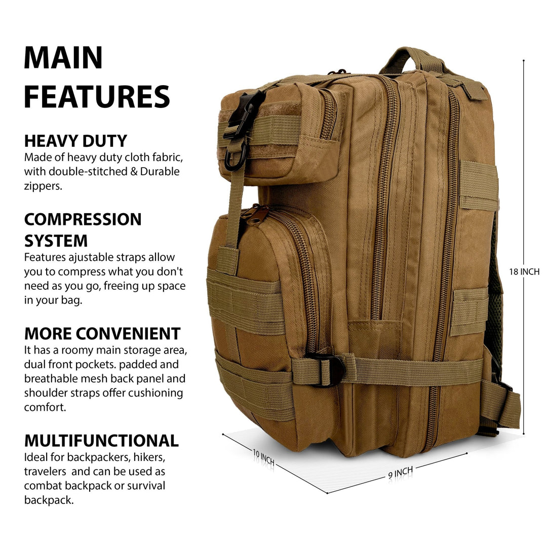 Main features of the tactical bag: 18-inch height, compression system with adjustable straps, heavy-duty cloth fabric, and breathable mesh back panel.