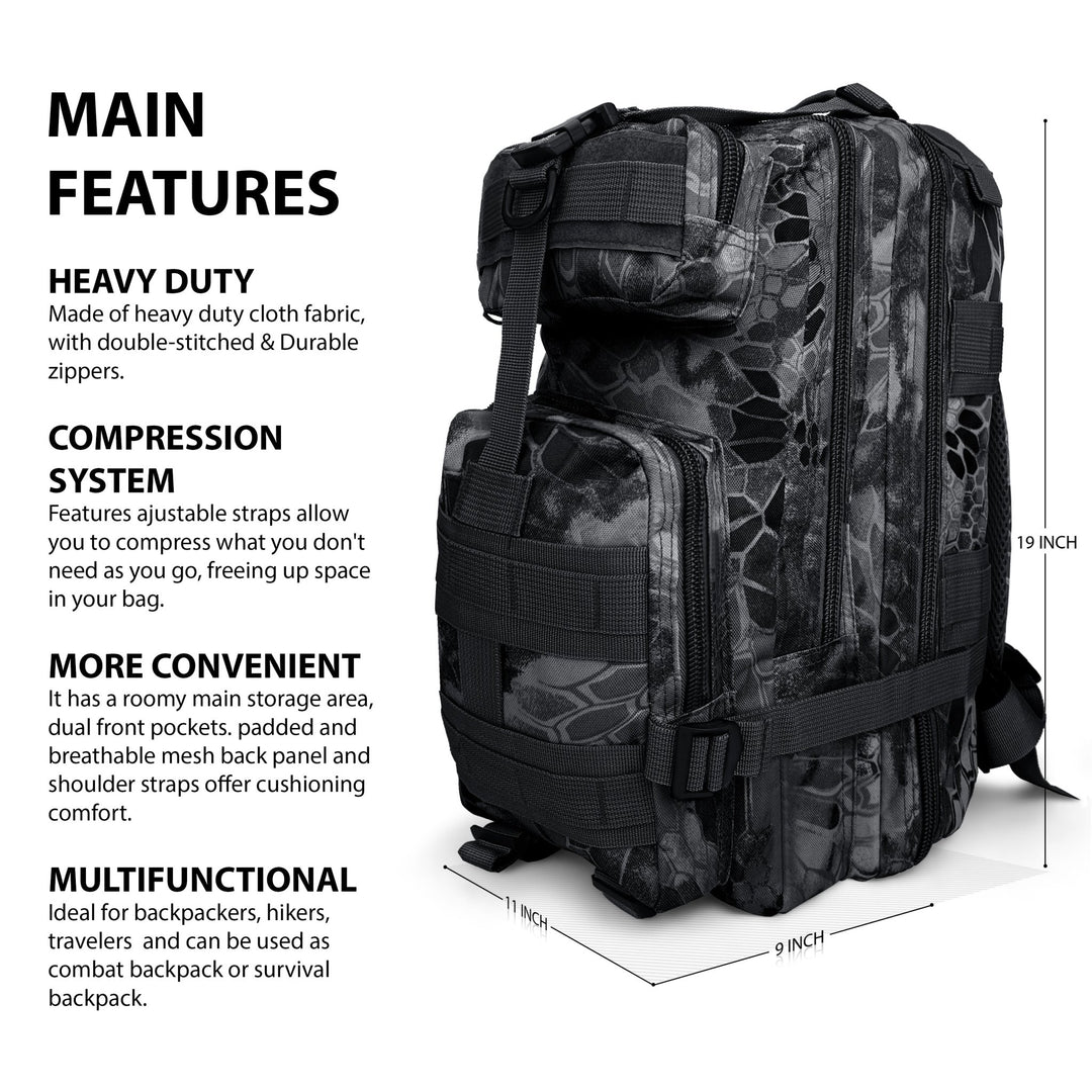 Main features of the tactical bag: 18-inch height, compression system with adjustable straps, heavy-duty cloth fabric, and breathable mesh back panel.