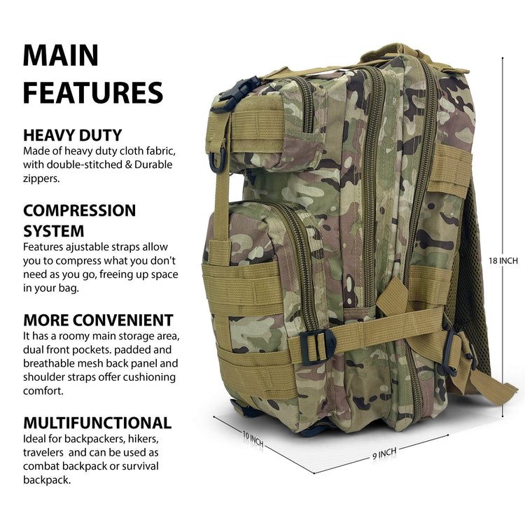 Main features of the tactical bag: 18-inch height, compression system with adjustable straps, heavy-duty cloth fabric, and breathable mesh back panel.