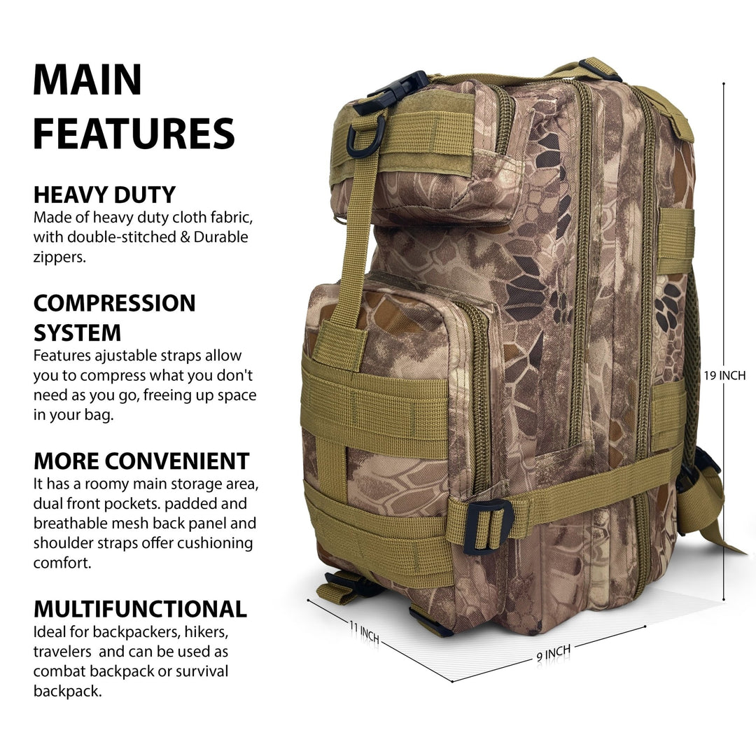 Main features of the tactical bag: 18-inch height, compression system with adjustable straps, heavy-duty cloth fabric, and breathable mesh back panel.