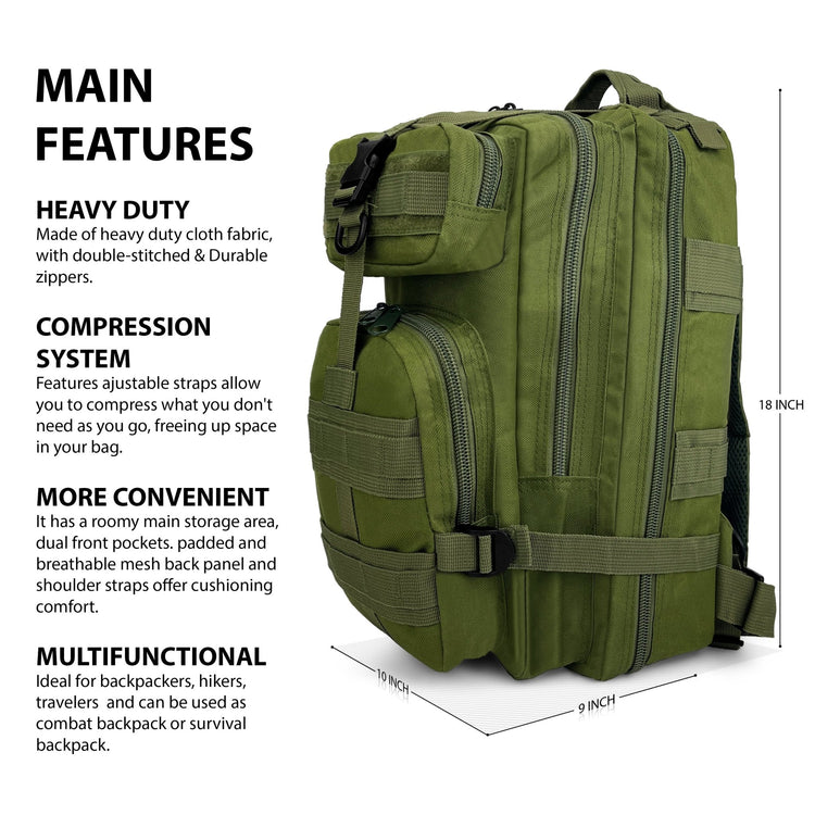 Main features of the tactical bag: 18-inch height, compression system with adjustable straps, heavy-duty cloth fabric, and breathable mesh back panel.