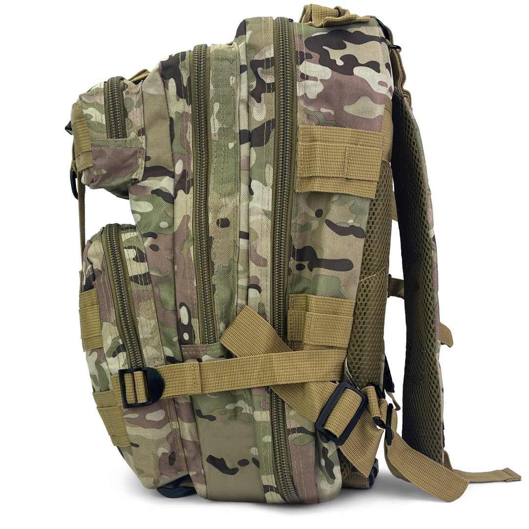 Side profile of the combat backpack highlighting its multiple zippered compartments and the compression strap system for space management.