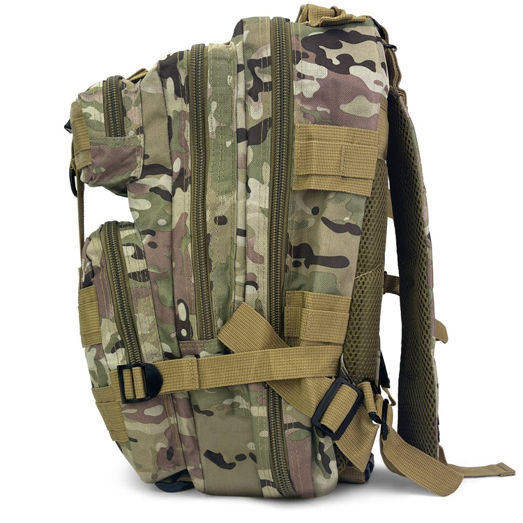 Side profile of the combat backpack highlighting its multiple zippered compartments and the compression strap system for space management.